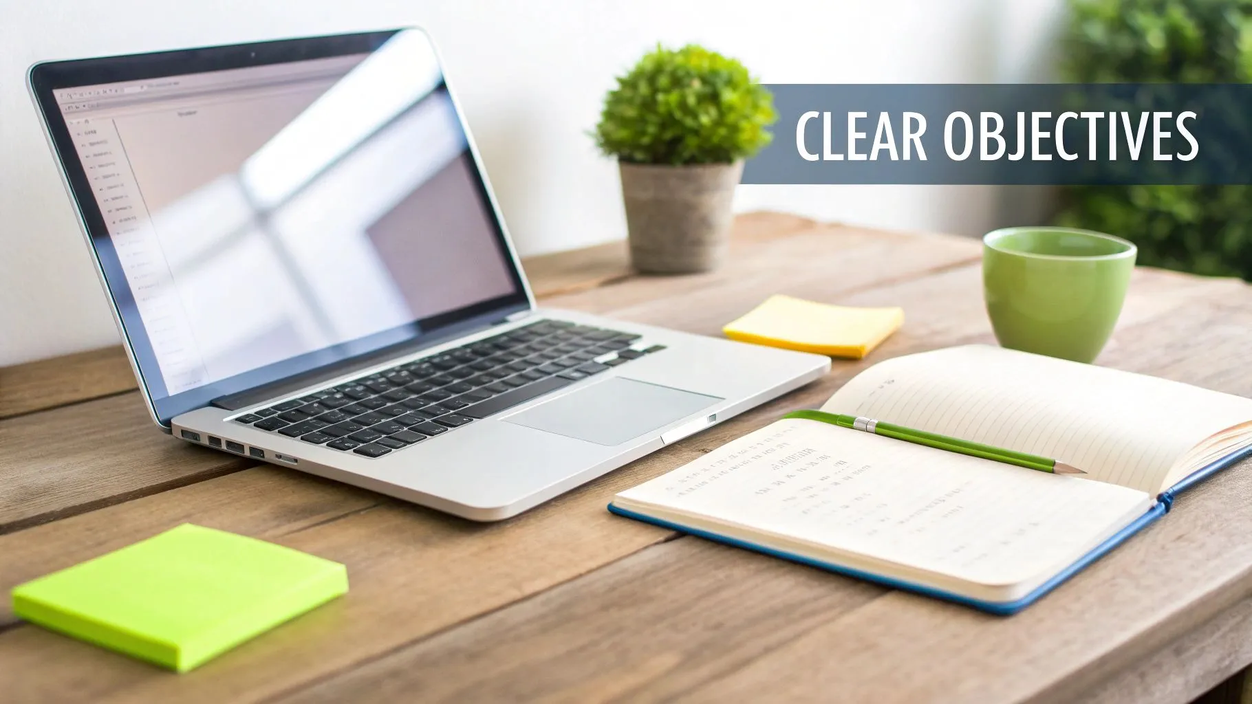 A modern desk setup with a laptop, open notebook, coffee mug, and sticky notes. Text: CLEAR OBJECTIVES.