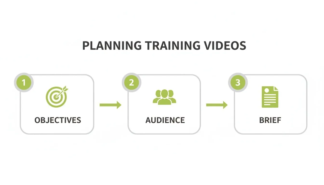 A three-step infographic showing the planning process for training videos: objectives, audience, and brief.