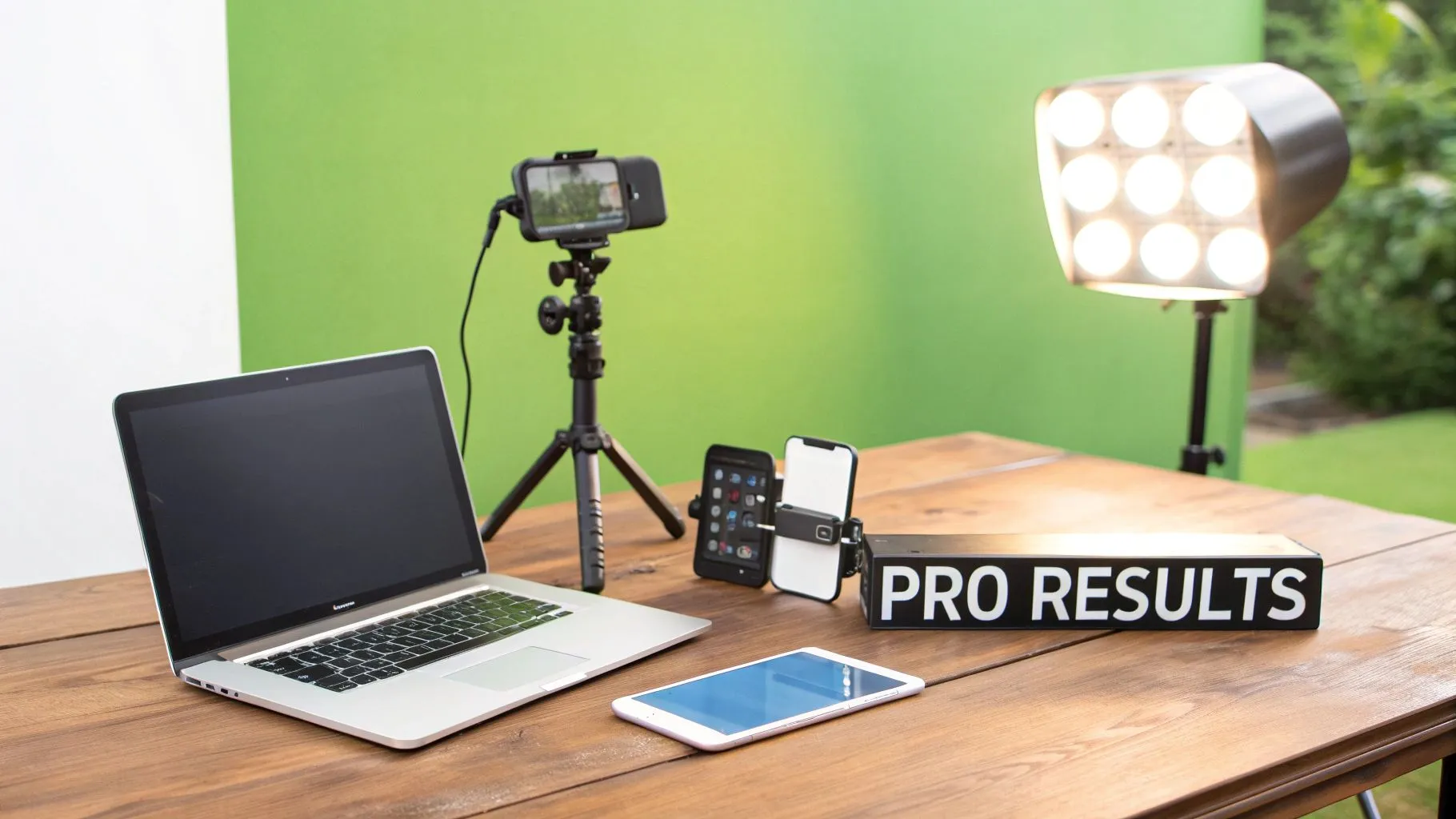 A professional video production setup on a wooden table with laptops, phones, a green screen, and lighting.
