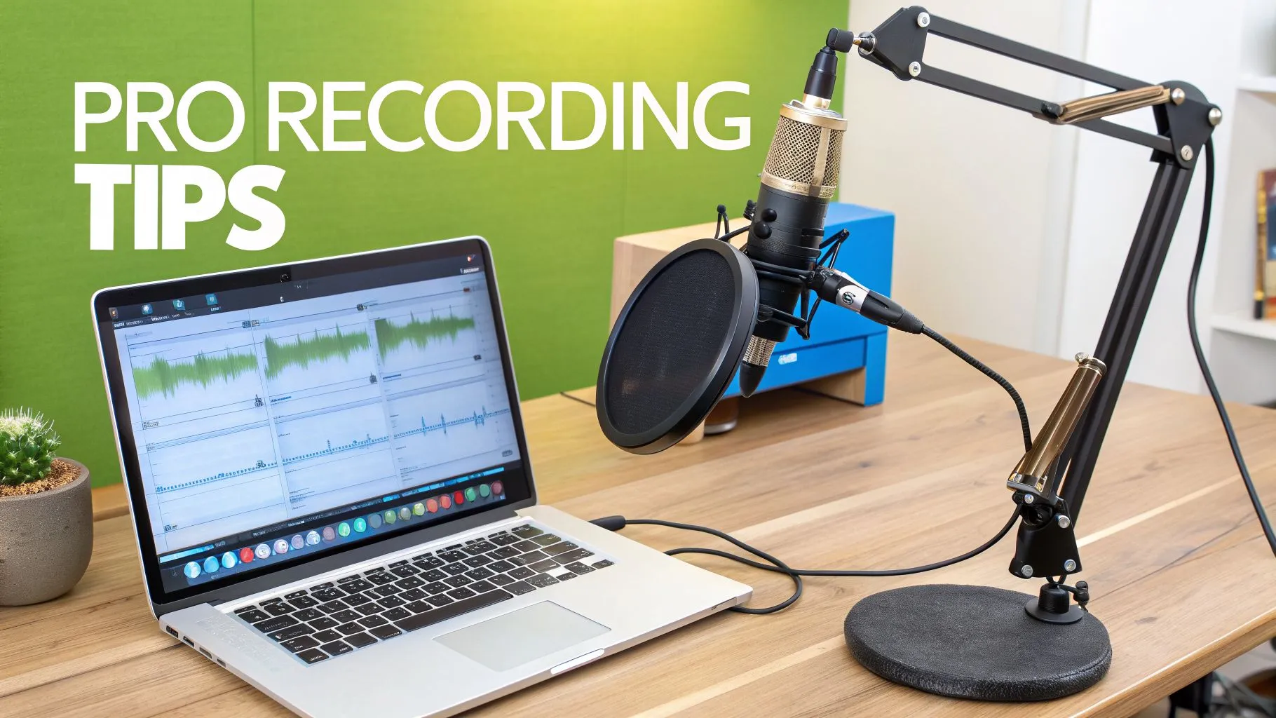 A professional audio recording setup with a laptop displaying waveforms and a microphone with pop filter.