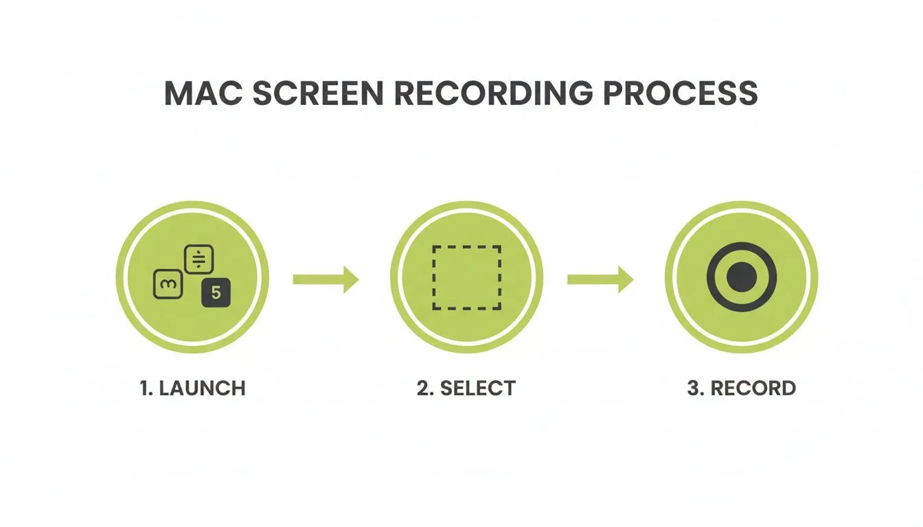 Infographic demonstrating the Mac screen recording process with icons for launch, select, and record.