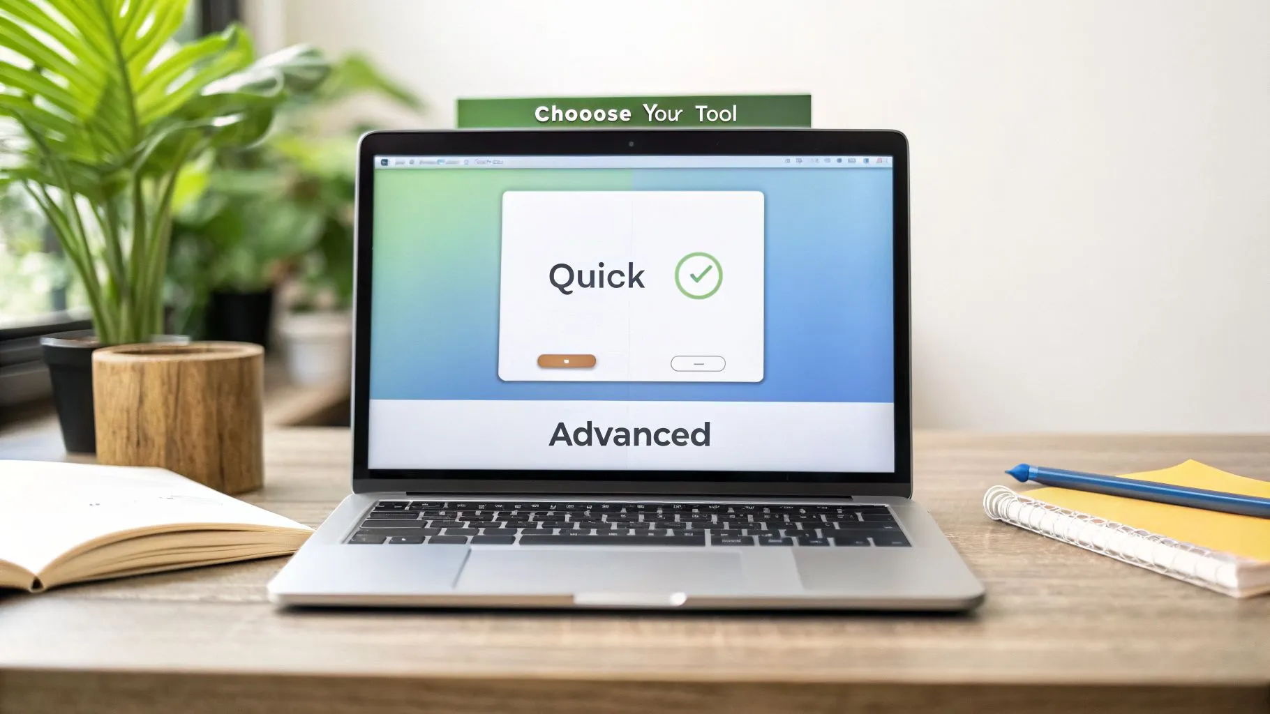 A laptop on a wooden desk shows a screen recording app interface with "Quick" selected and "Advanced" below.