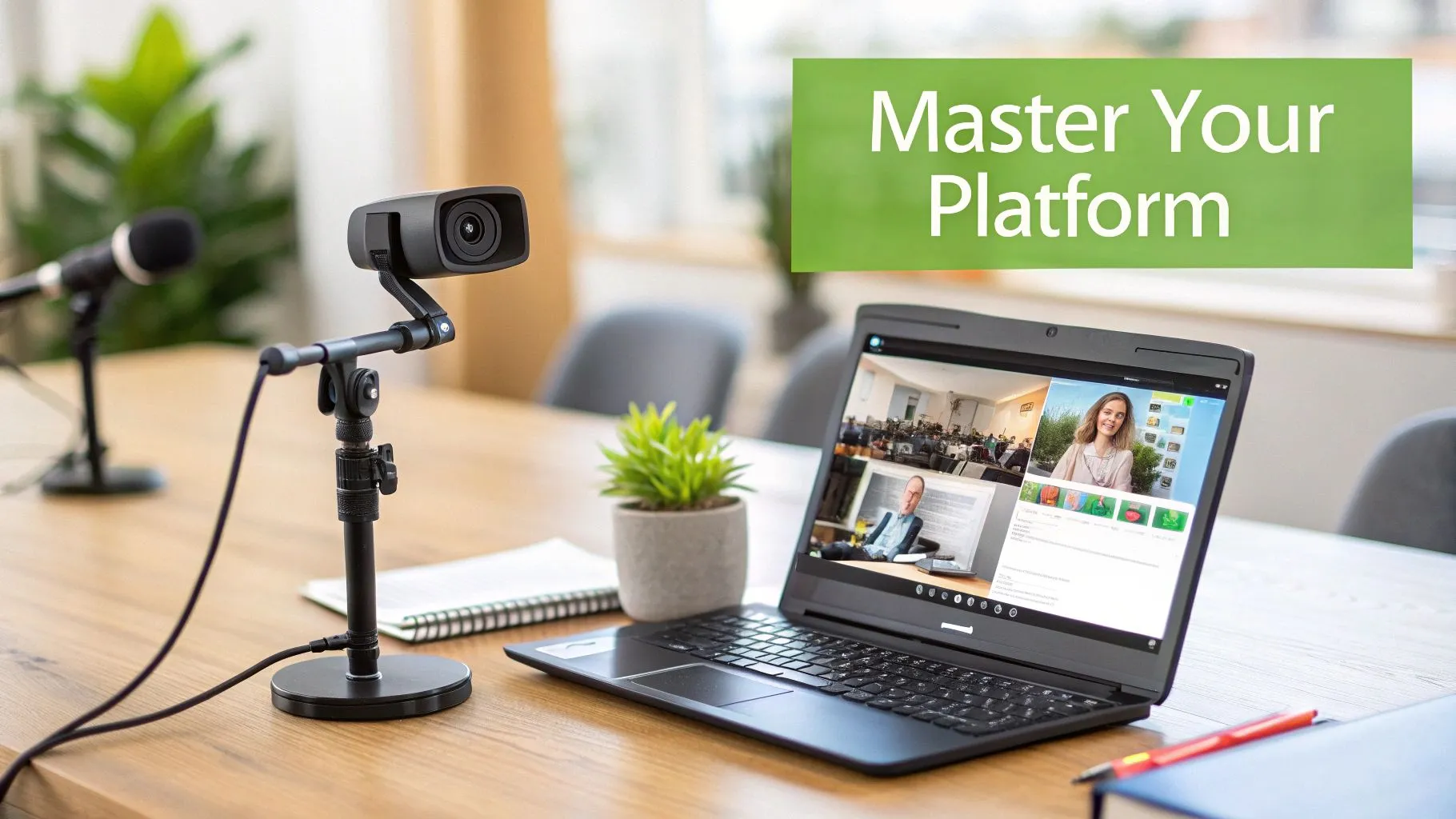 A professional video conferencing setup featuring a webcam, microphone, and laptop displaying a virtual meeting.