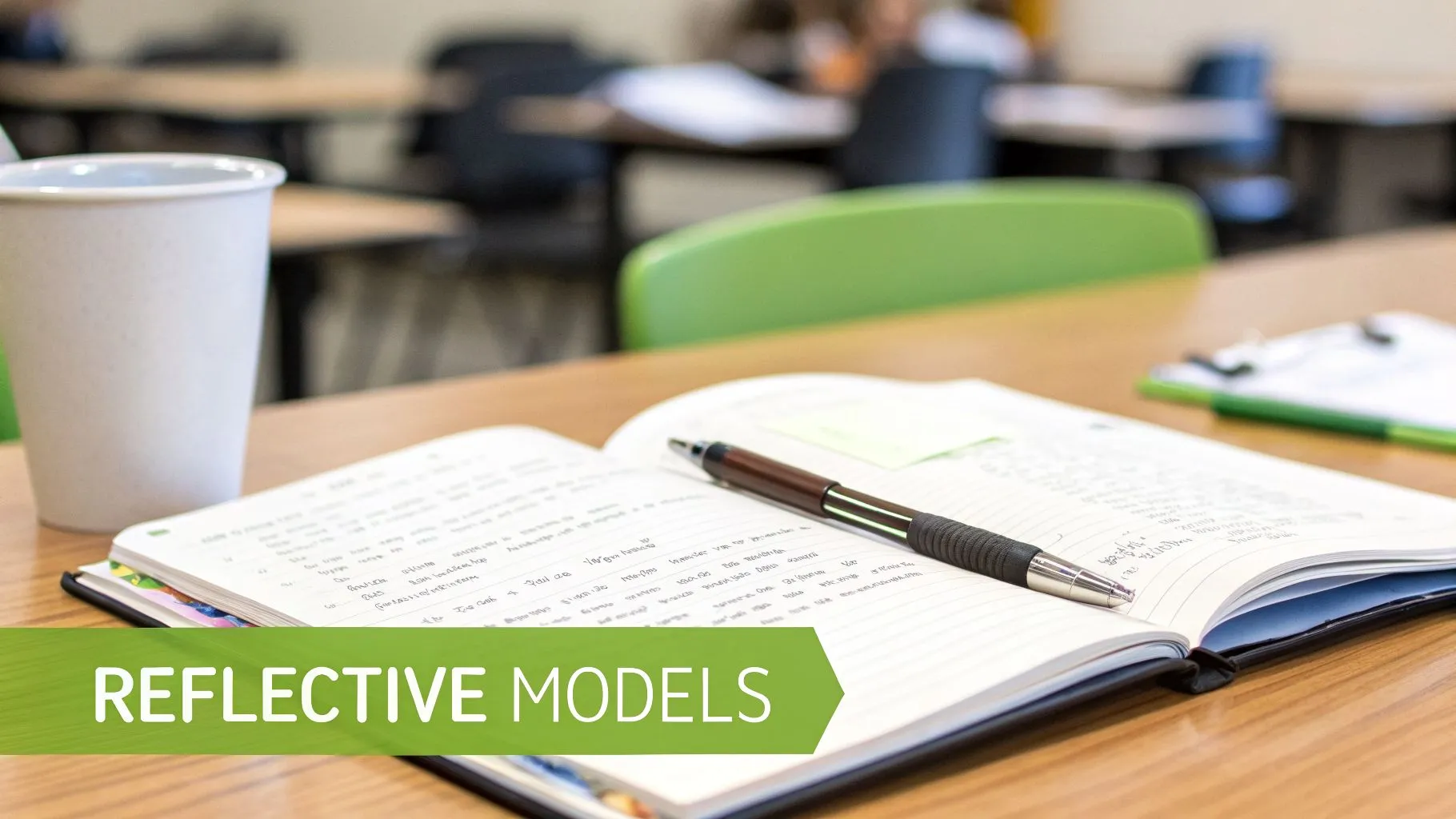 An open notebook with a pen, a white cup, and 'Reflective Models' banner on a wooden classroom desk.