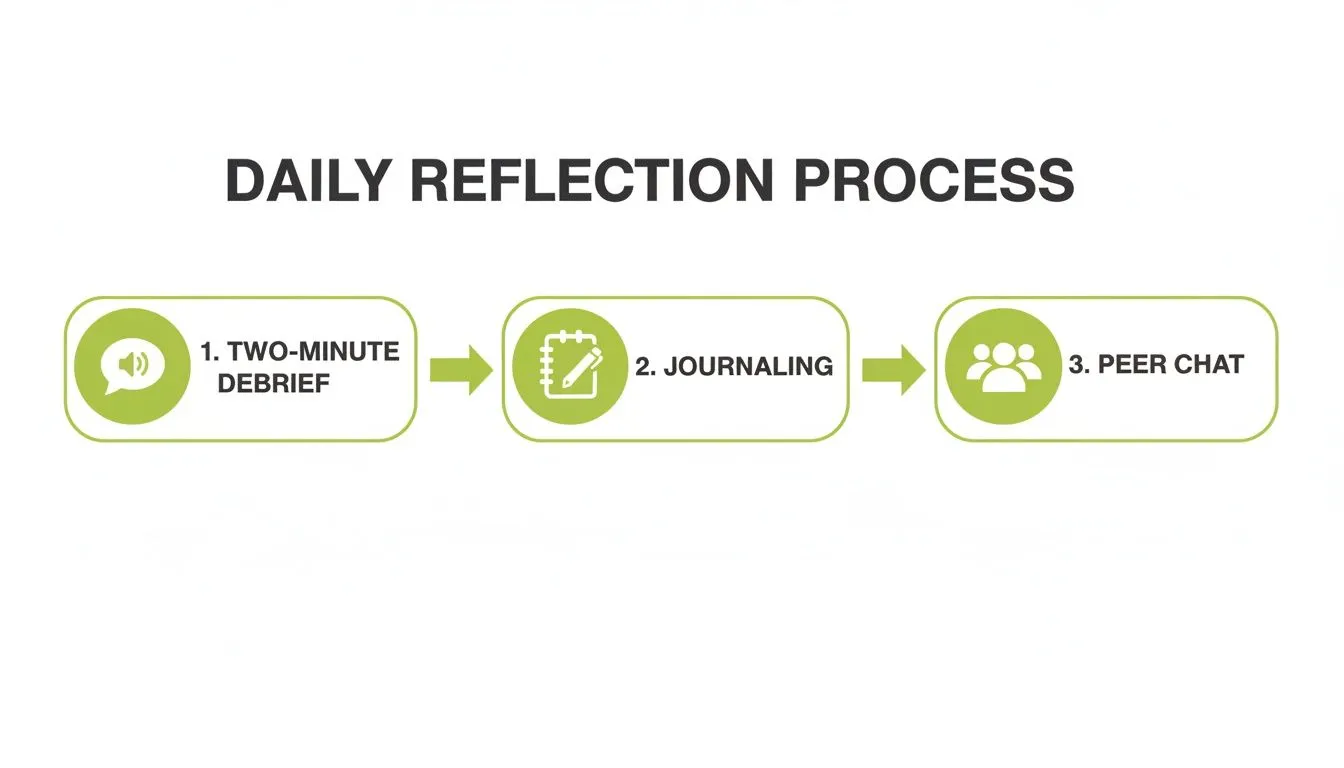 A diagram illustrating the daily reflection process with three steps: two-minute debrief, journaling, and peer chat.