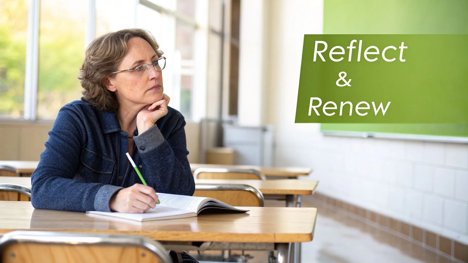 A pensive woman in a classroom, writing in a notebook, with 'Reflect &amp; Renew' on the board.