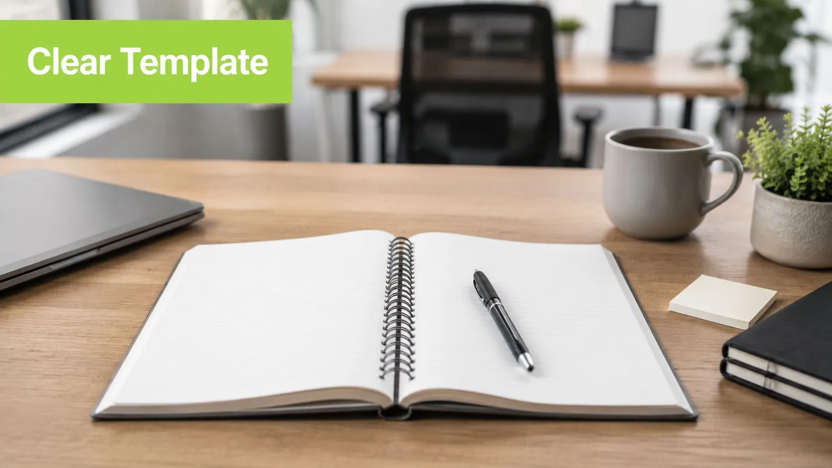 An open notebook with a black pen on a wooden office desk next to a coffee mug.