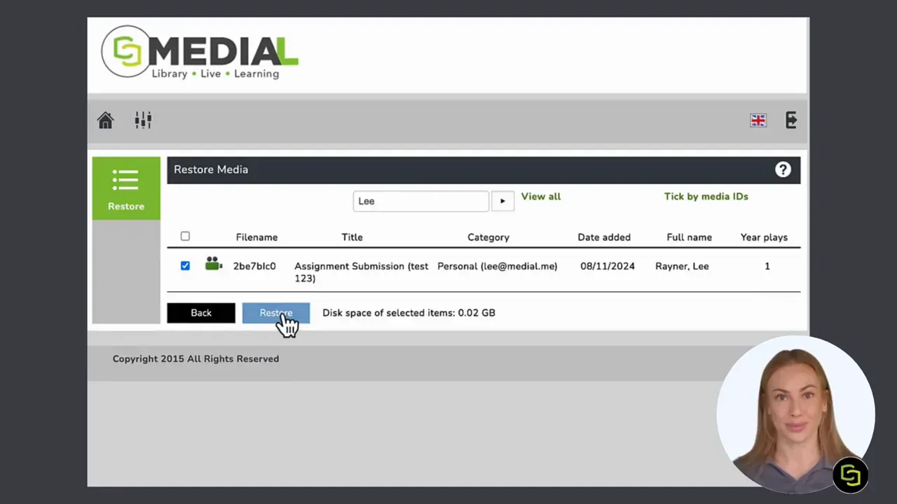 MEDIAL restore confirmation message for a selected archived media file
