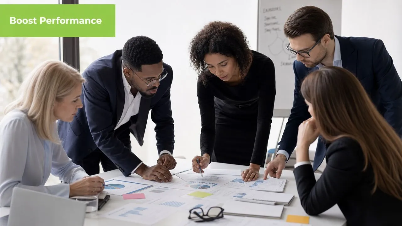 A professional team of business colleagues collaborating over financial charts and graphs during a workplace meeting.