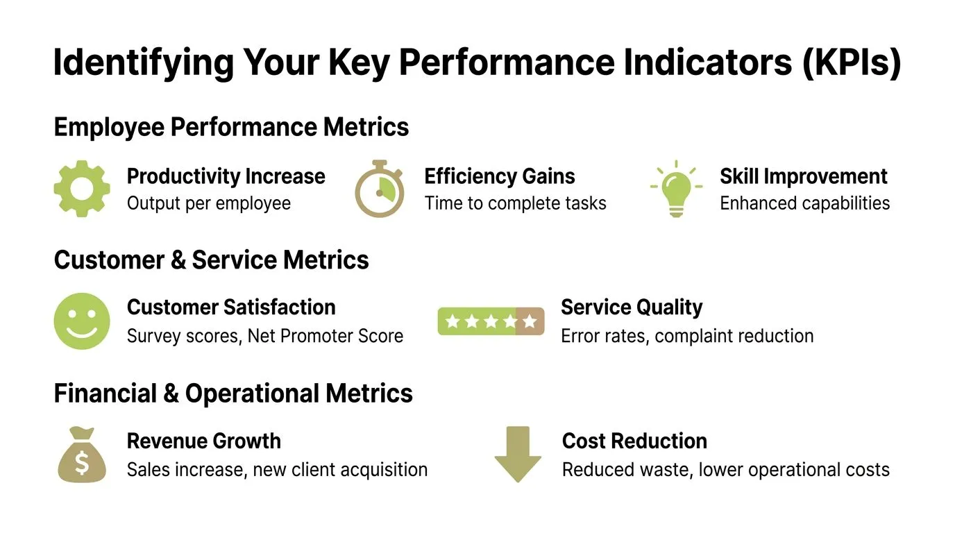 A visual guide outlining key performance indicators for employee performance, customer service, and financial operations.