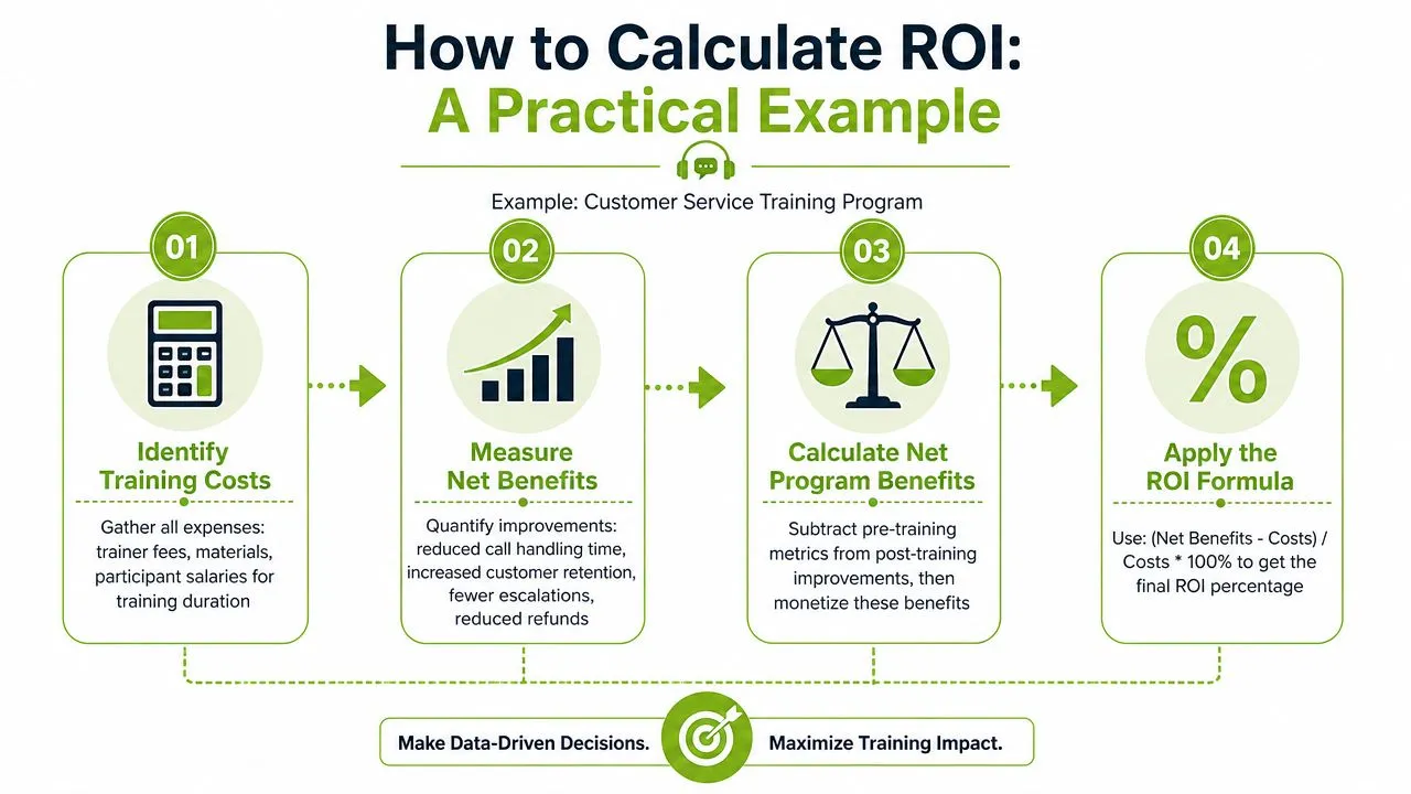 An infographic showing four steps to calculate return on investment for a customer service training program.