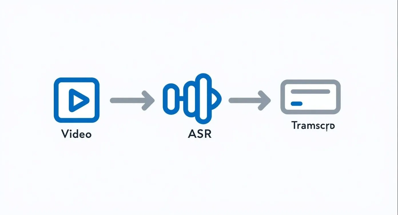 Workflow diagram showing video processing through ASR automatic speech recognition to create transcript text