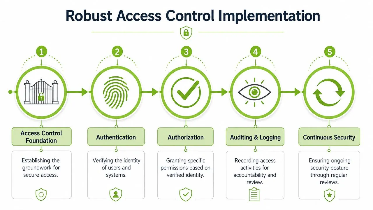A five-step diagram illustrating the process for implementing a robust access control security framework.