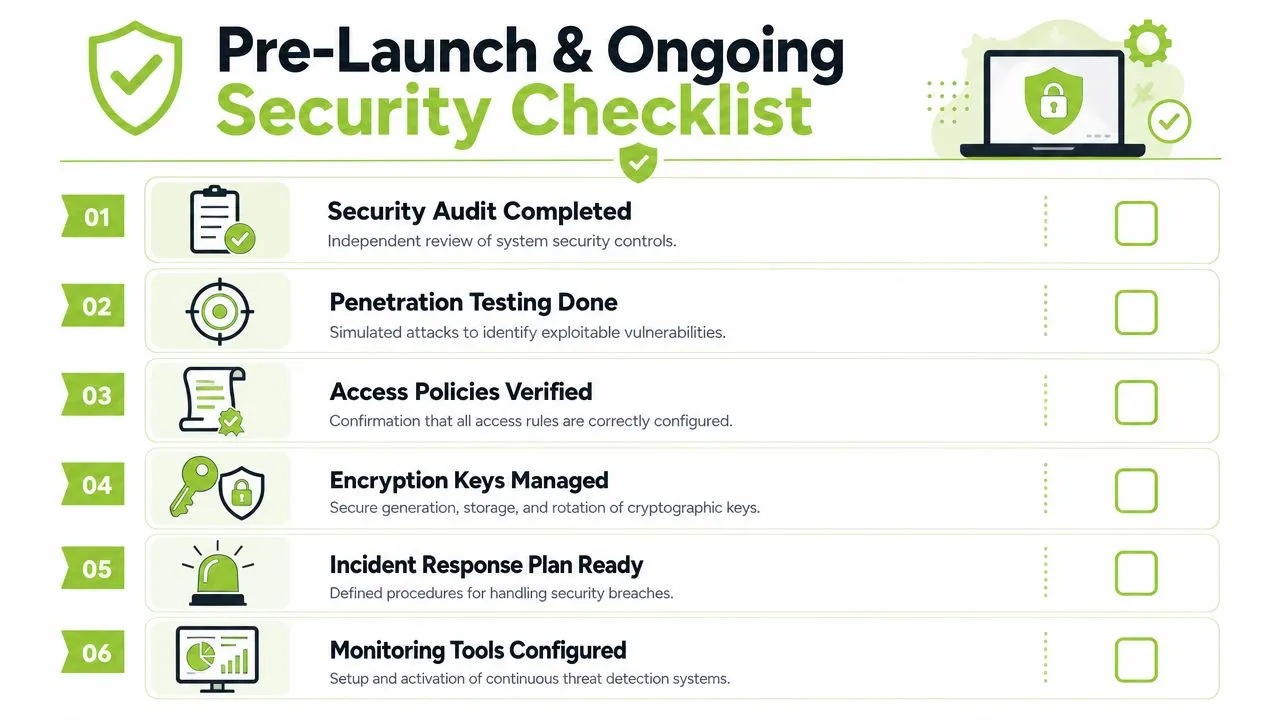 A checklist infographic titled Pre-Launch and Ongoing Security Checklist illustrating six essential steps for cybersecurity management.