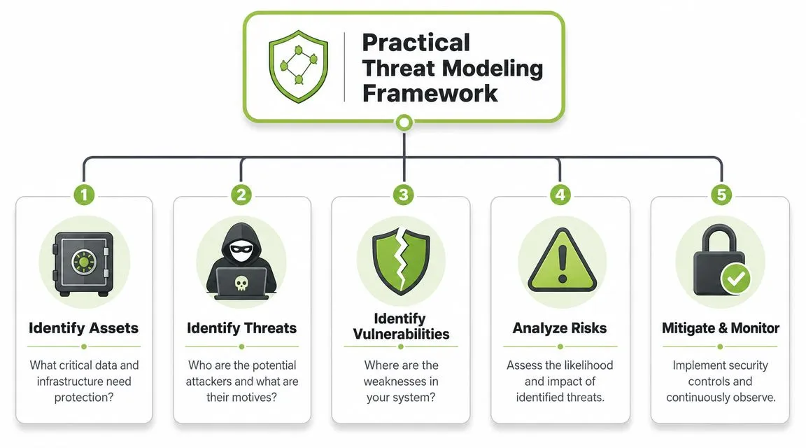 A diagram illustrating the five steps of a practical threat modeling framework for cybersecurity protection.