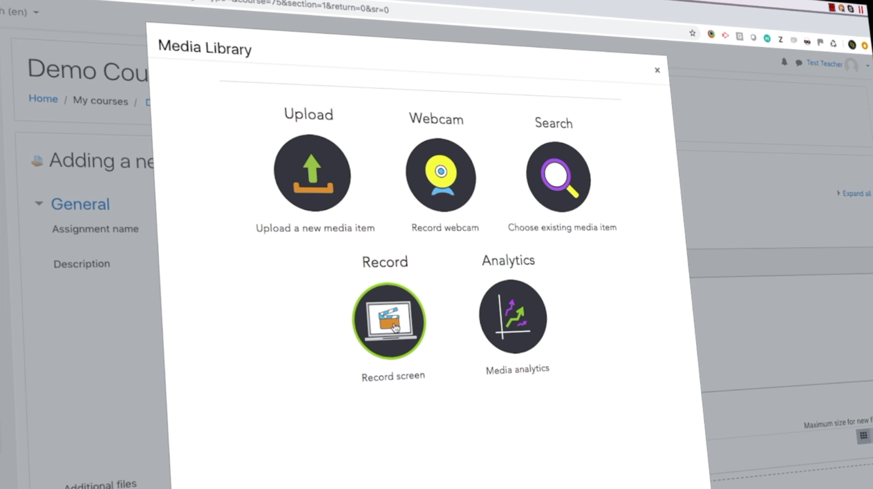The MEDIAL Library picker inside an LMS course page with upload, webcam and search options