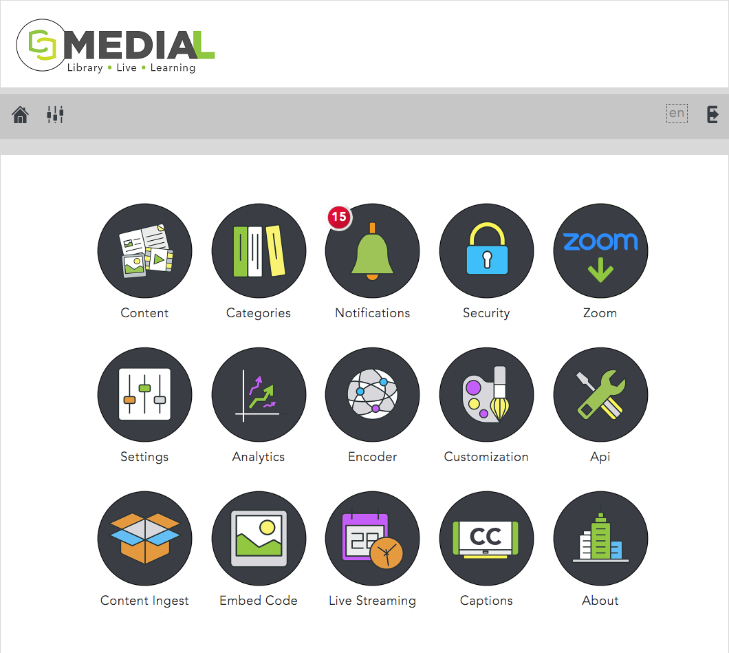 The MEDIAL admin console with tiles for content, categories, security, analytics and captions