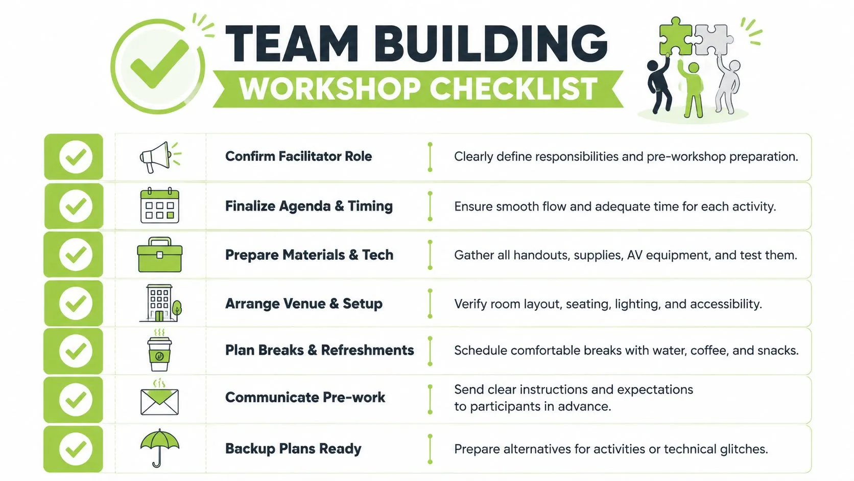 A green and white team building workshop checklist showing seven key preparation steps with icons.