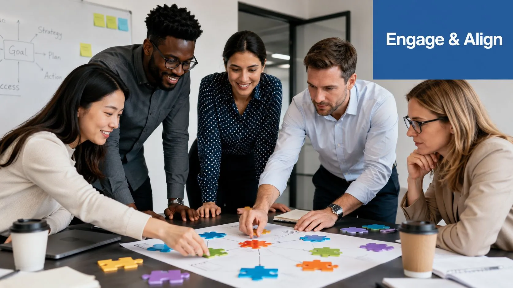 A diverse business team collaborating on a strategy puzzle during a professional office workshop.