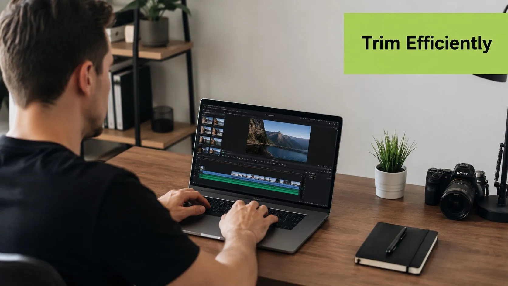 A person editing a video on a laptop while sitting at a wooden desk with a camera.