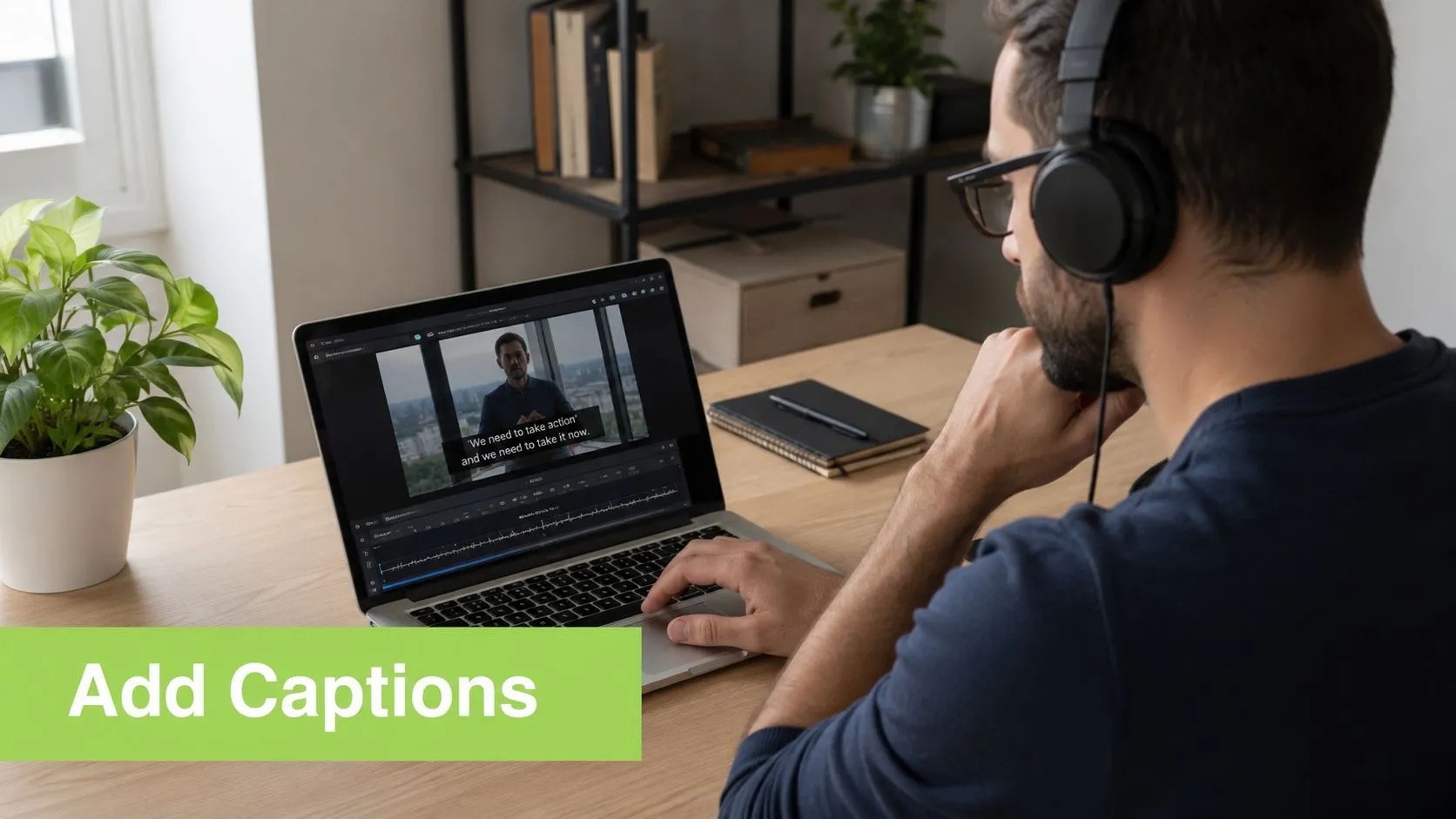 A person wearing headphones editing a video on a laptop computer while sitting at a desk.