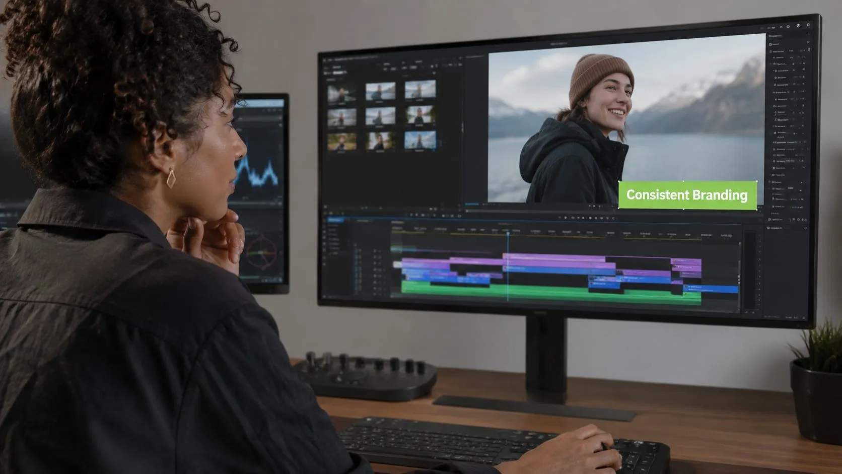 A professional video editor working on a multi-monitor setup with a timeline of video clips.