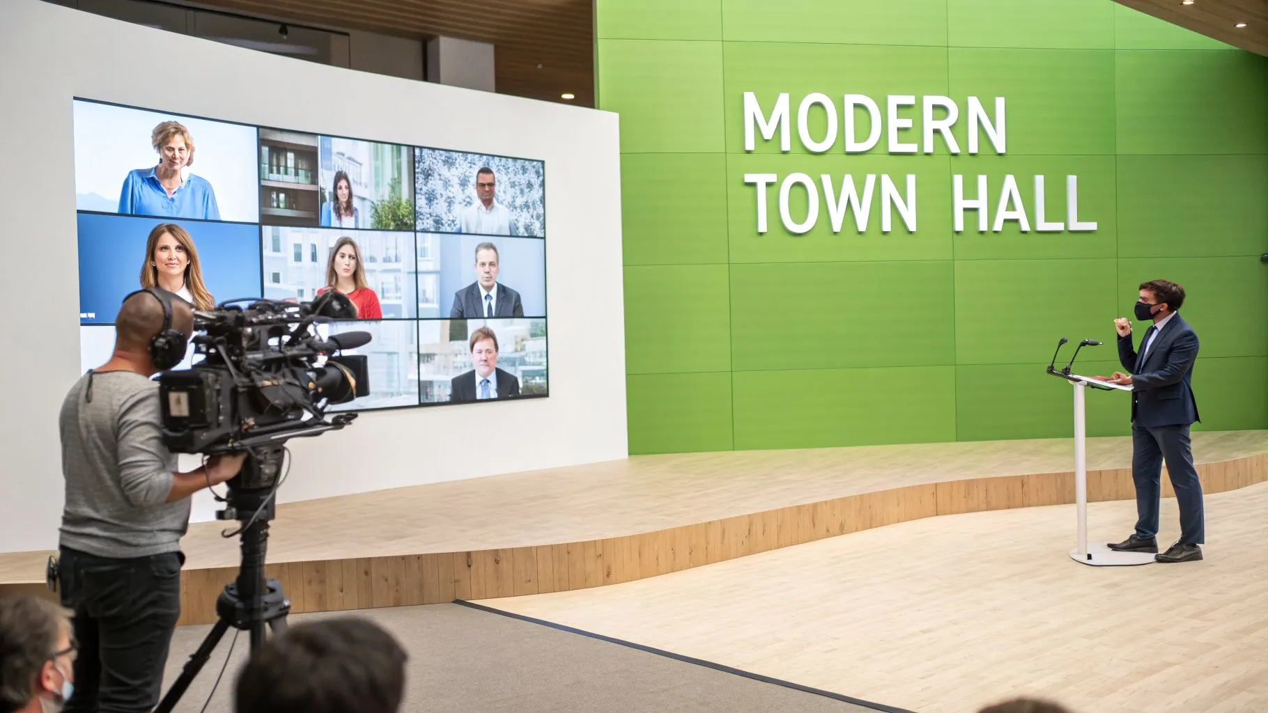 A videographer films a virtual town hall meeting with a speaker at a podium and participants on screen.