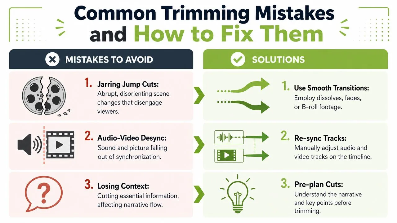 An infographic titled Common Trimming Mistakes and How to Fix Them illustrating common video editing errors.