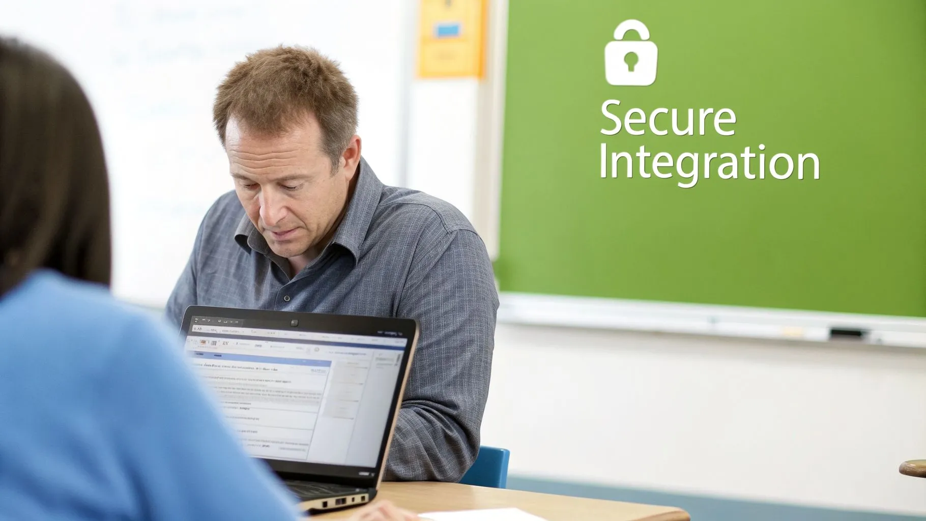 A man focuses on a laptop screen during a class, with a 'Secure Integration' graphic on a green board.