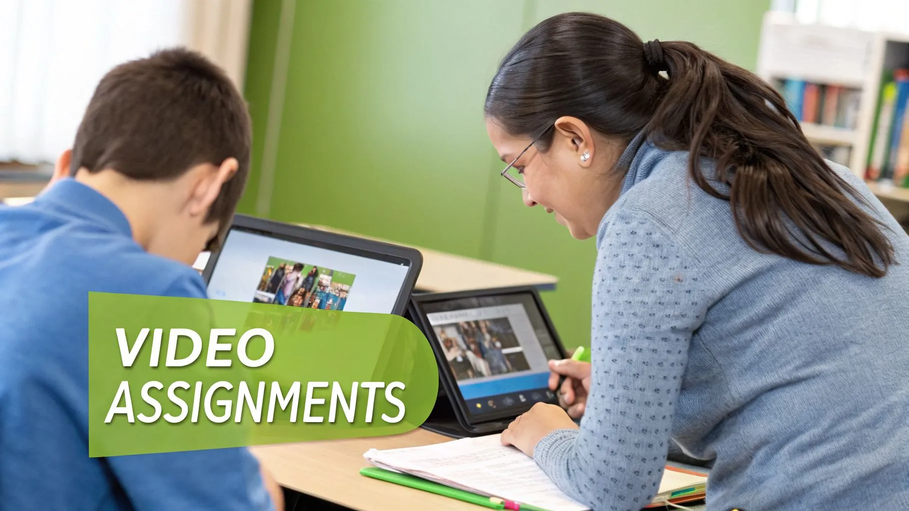 Two students engaged in learning, using tablets for video assignments in a classroom.