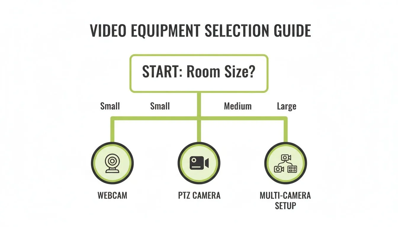 A flowchart guides video equipment selection based on room size: webcam, PTZ camera, or multi-camera setup.