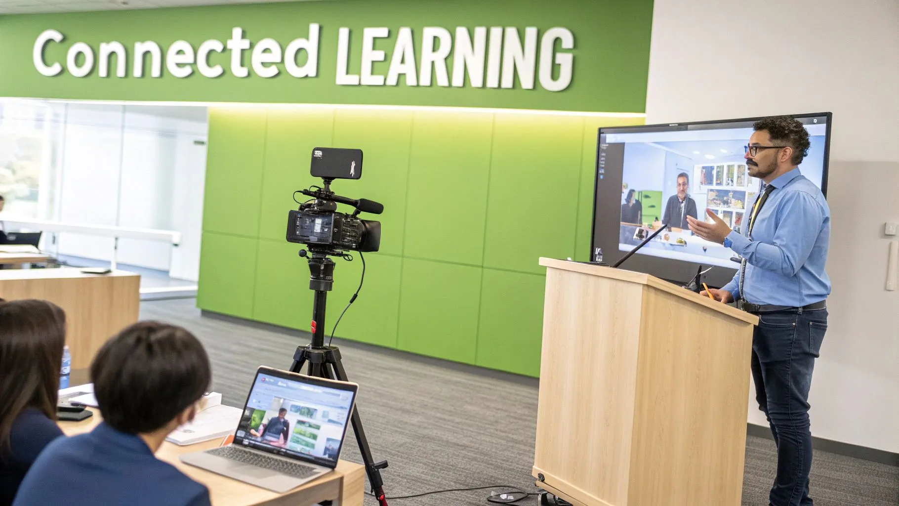 A speaker leads a connected learning session, utilizing video conferencing and a recording camera.