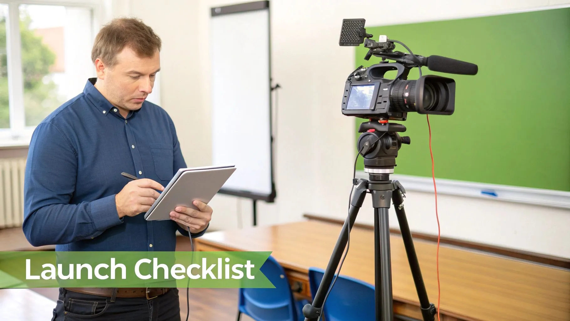 A man in a blue shirt prepares for a video recording, checking notes on a tablet.