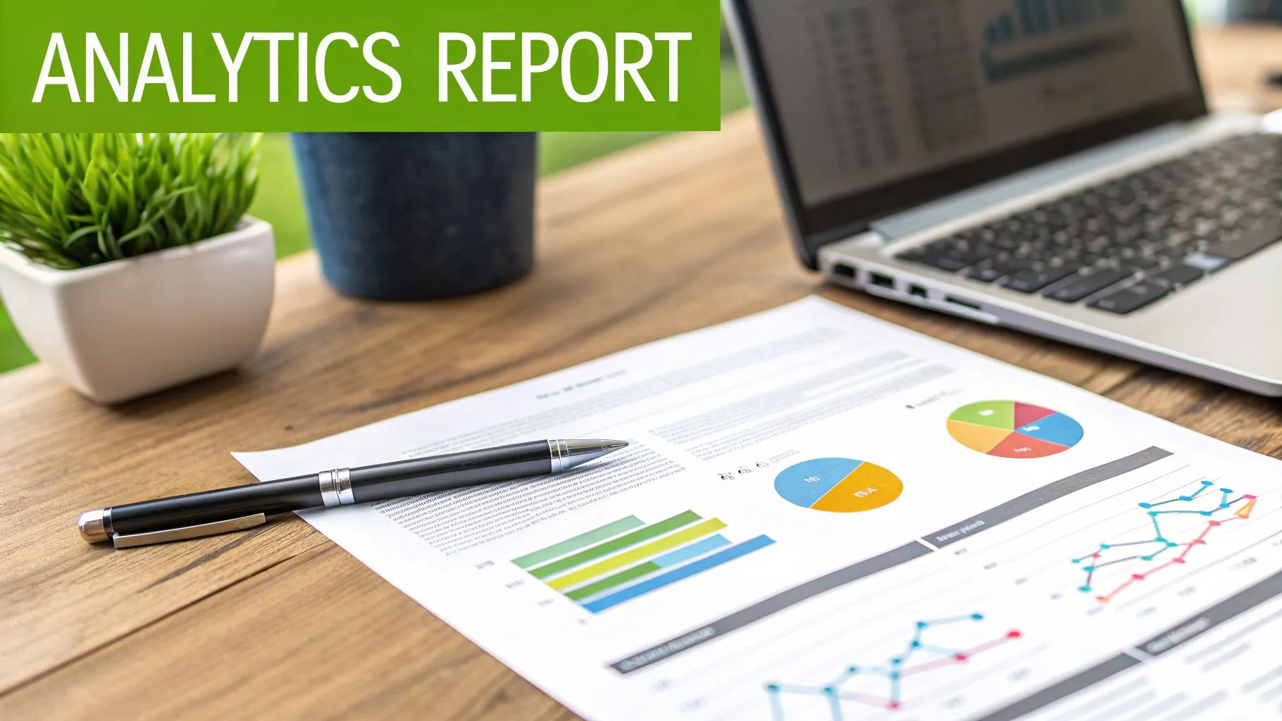 A desk with an analytics report document, pen, laptop, and plant, displaying various data visualizations.