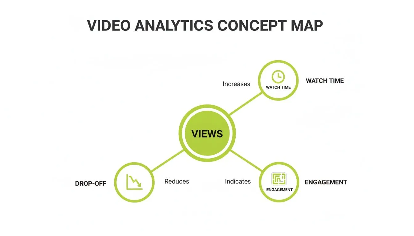 A concept map showing how video views increase watch time, reduce drop-off, and indicate engagement.