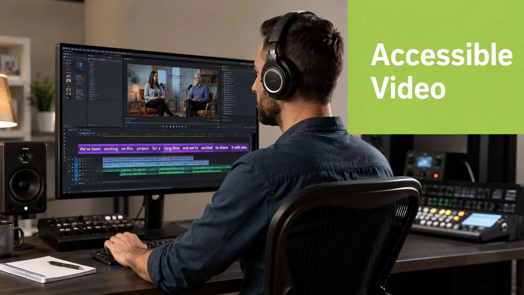A video editor wearing headphones works on a video editing project with automated captions on a monitor.