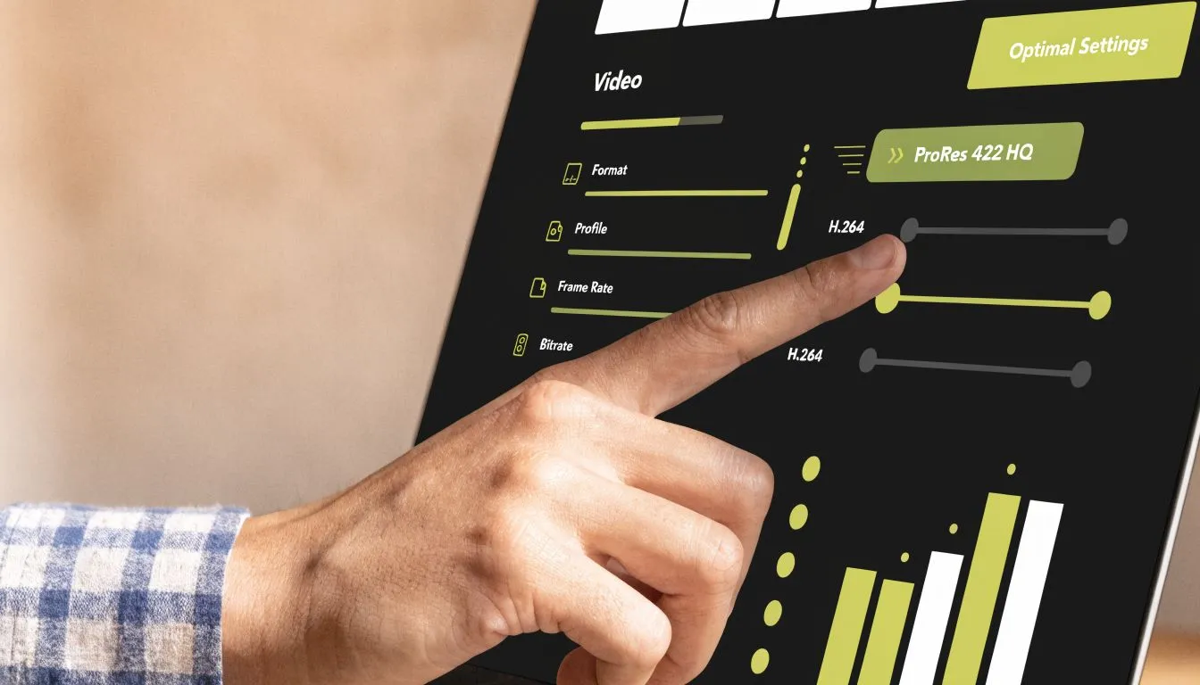 A person pointing at video export settings displayed on a modern computer screen interface.