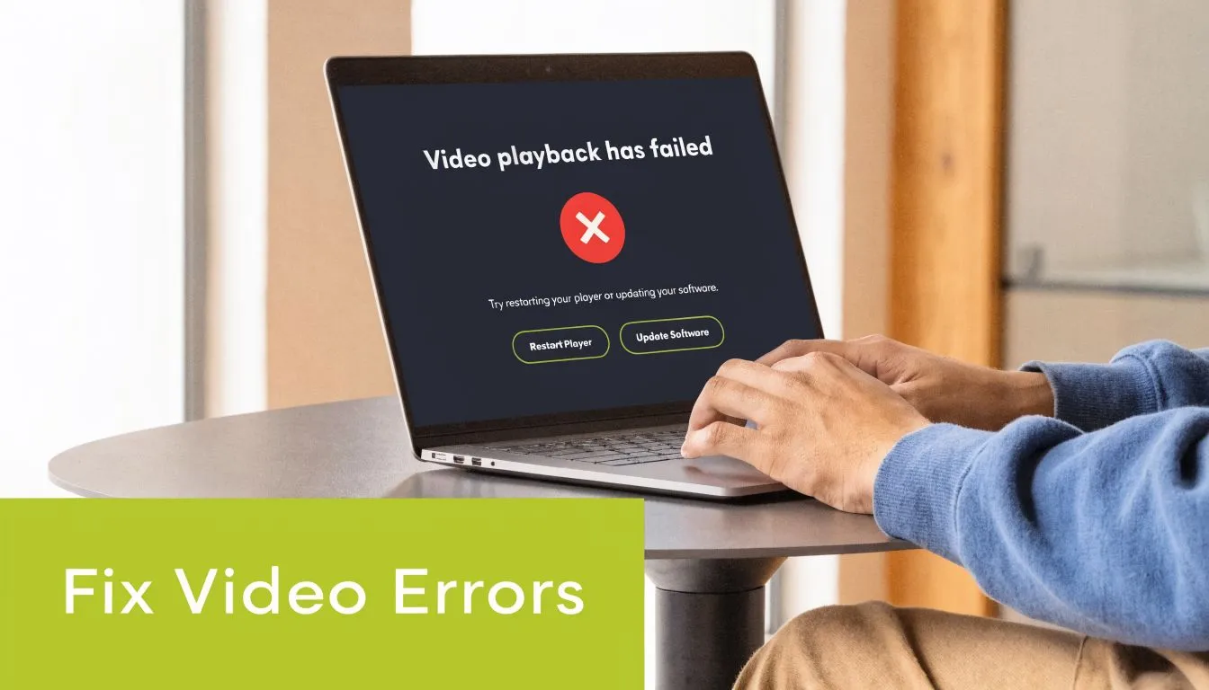 A person using a laptop displaying a video playback error message on the screen.