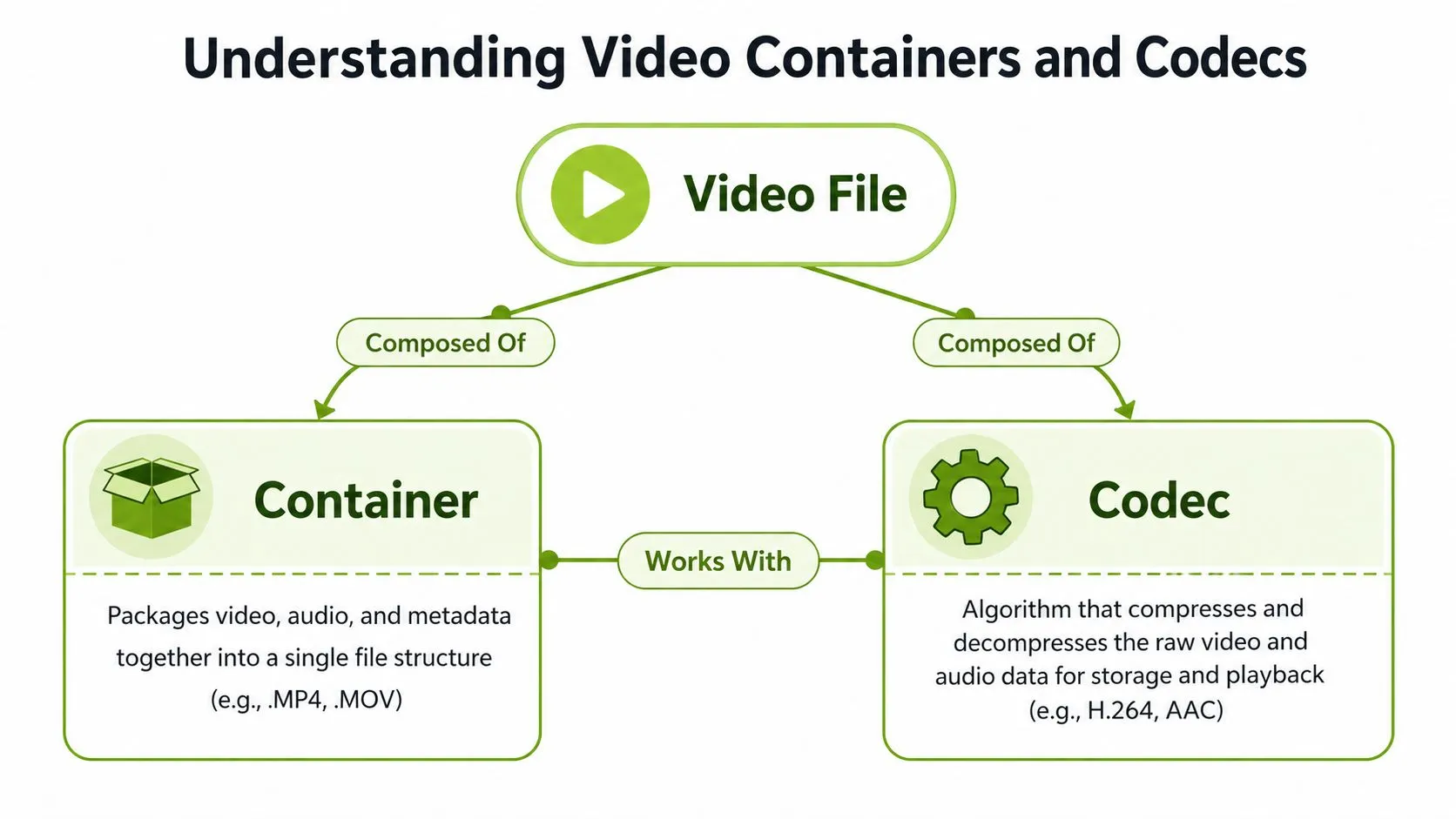 A diagram explaining that a video file is composed of a container and a codec.