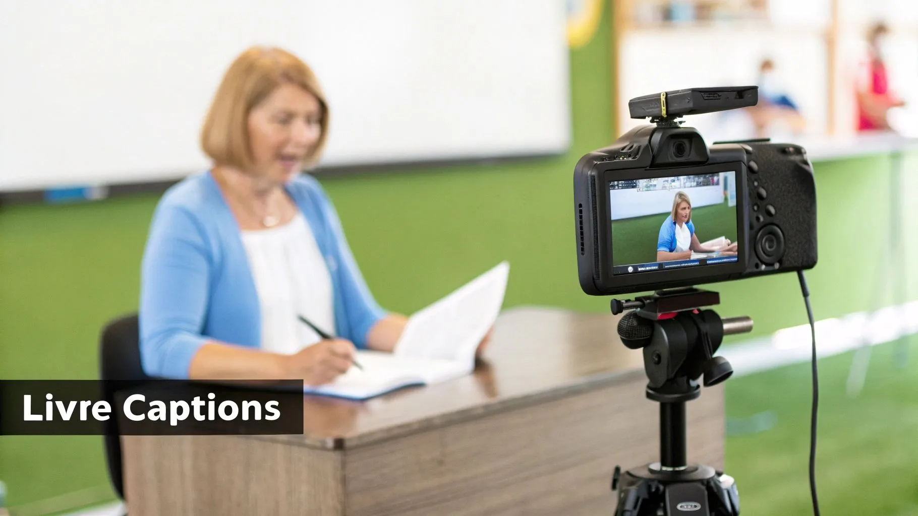 A woman records a video lesson with a camera on a tripod, showing her on screen.