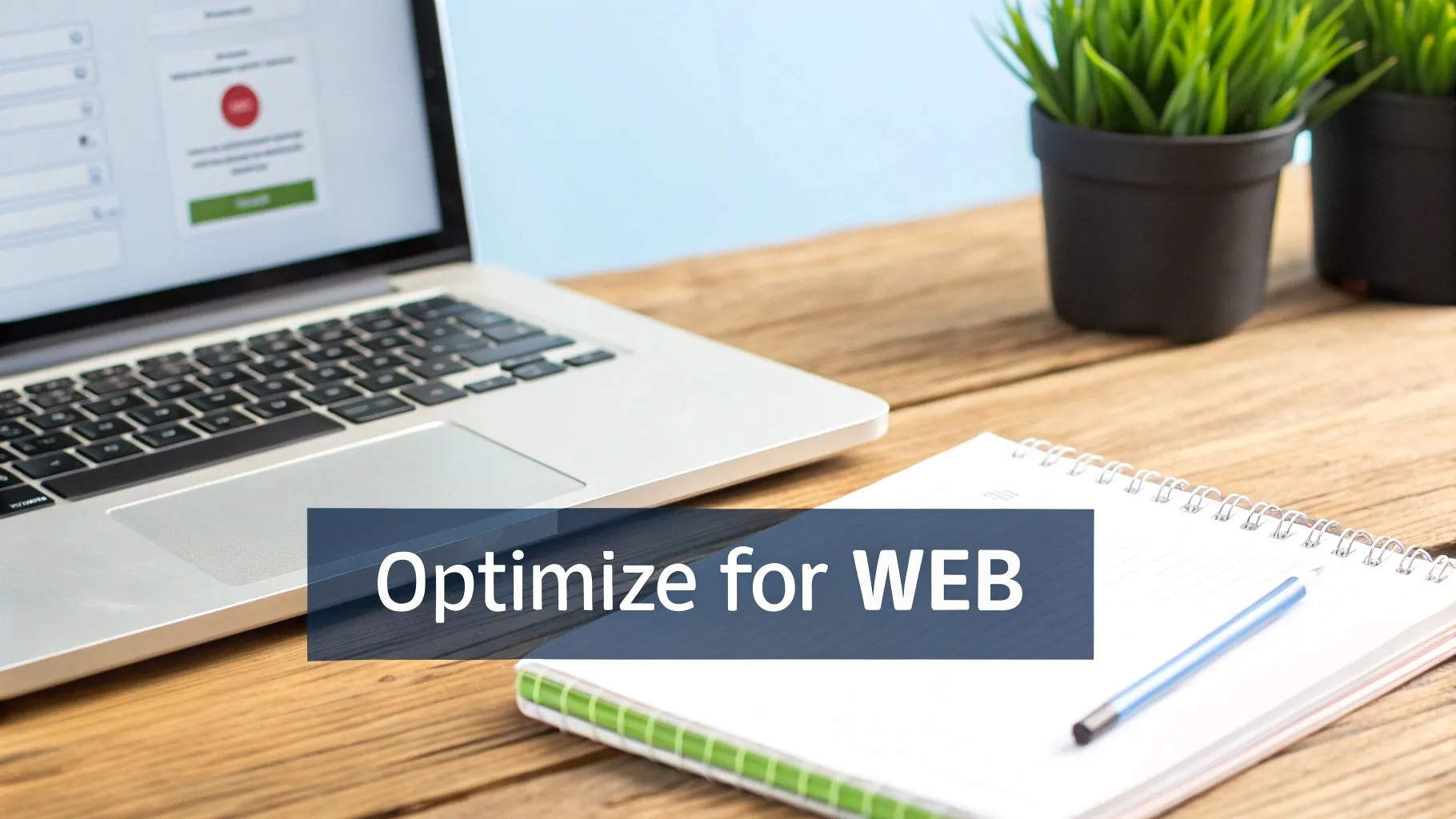 A workspace with a laptop, notebook, and plants, featuring a banner with 'Optimize for WEB' text.