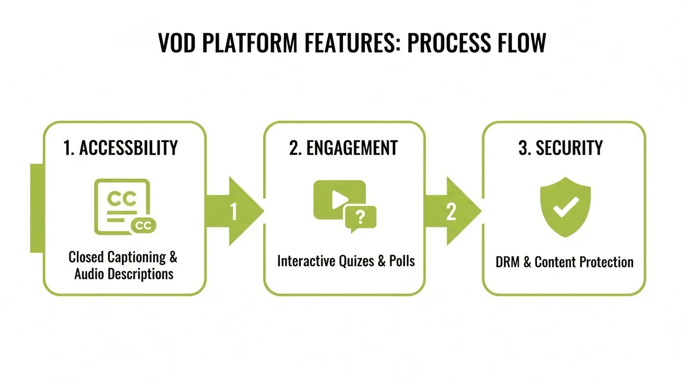 VOD platform features process flow diagram showing accessibility, engagement, and security steps.