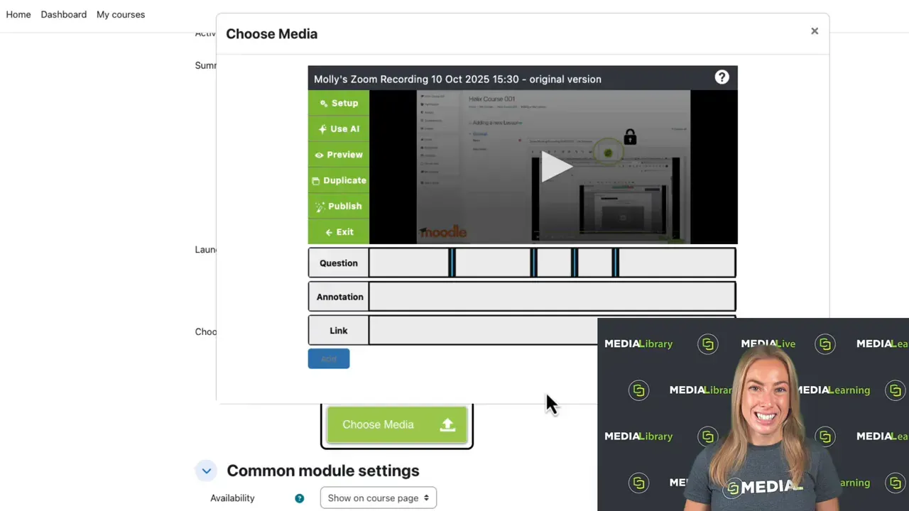 Video quiz editor showing question markers positioned along a video timeline