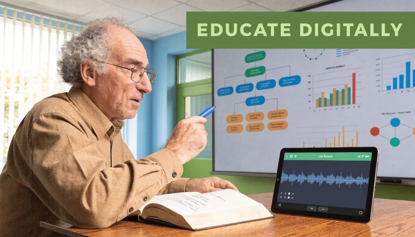 An elderly man sitting at a desk with an open book, pointing at a digital audio recording application.