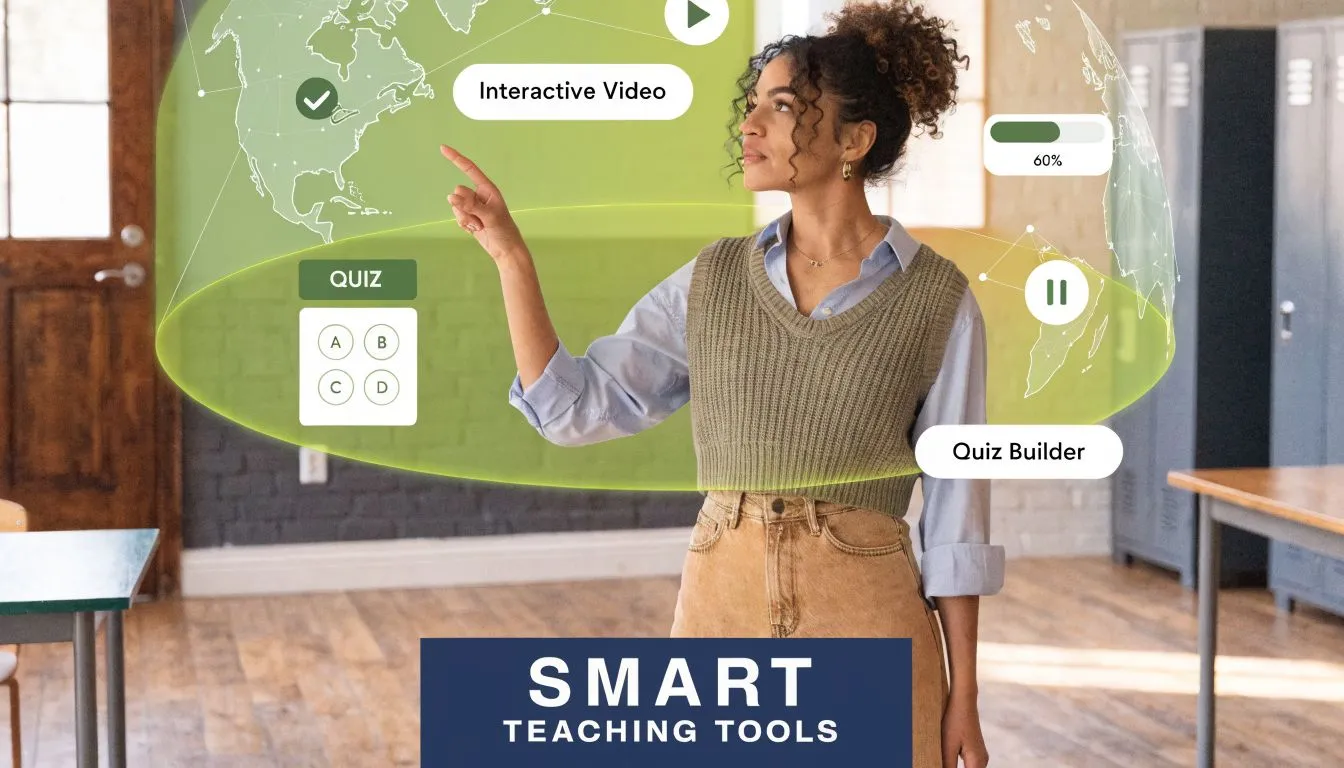 A teacher interacts with a digital augmented reality overlay featuring educational quiz and video teaching tools.