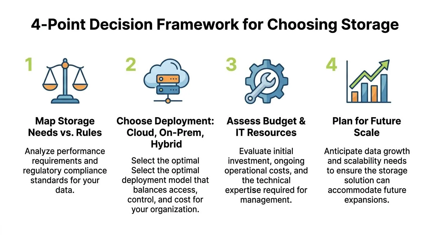 An infographic showing a four-point decision framework for choosing data storage solutions for organizations.