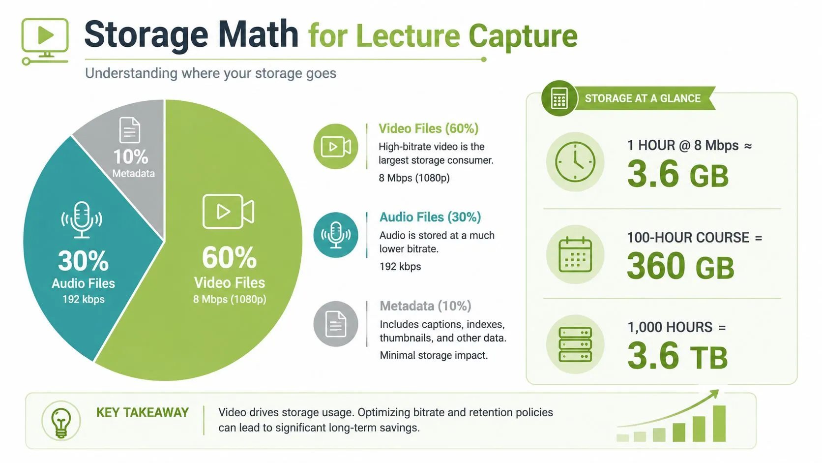 An infographic titled Storage Math for Lecture Capture explaining data usage for video, audio, and metadata storage.