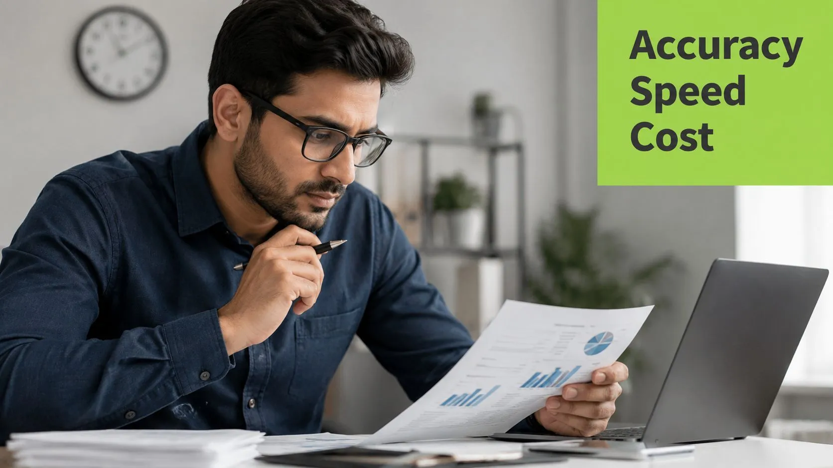 A professional man with glasses reviews financial documents while working at his desk in an office.