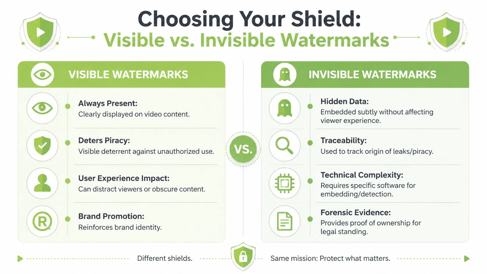 A comparative infographic explaining the key differences between visible and invisible watermarking techniques for protecting video content.