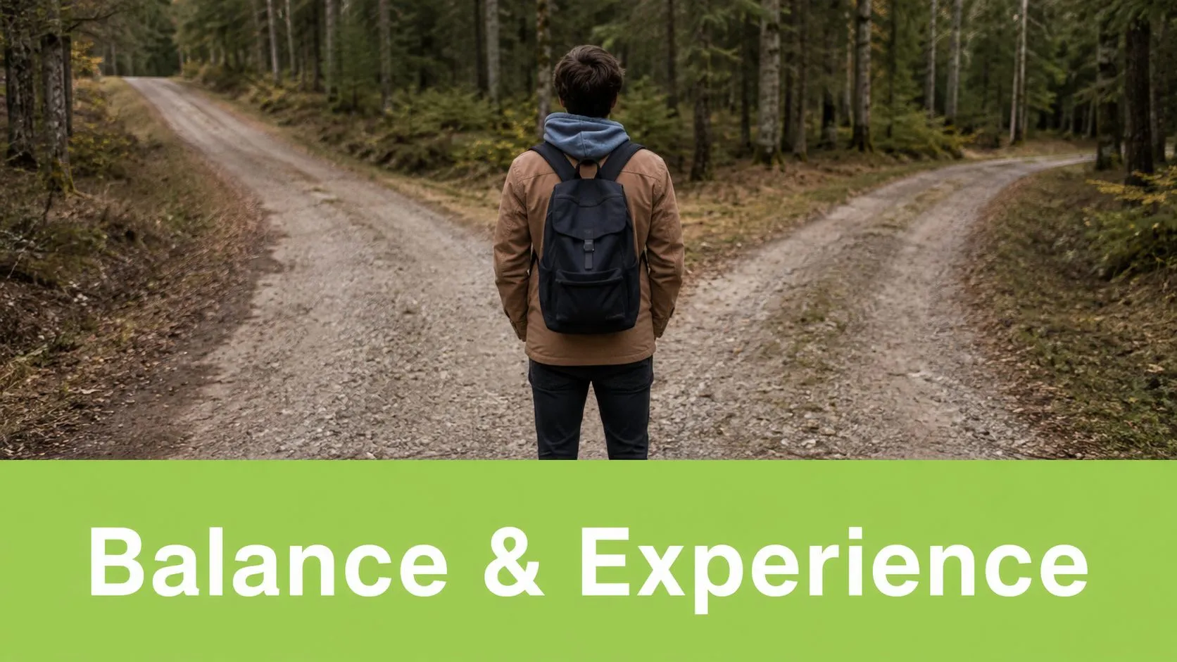 A person with a backpack standing at a fork in a forest road, representing decision making.